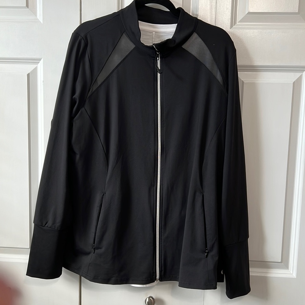Zip up Athleisure style jacket with sheer panels and neckline and in the back